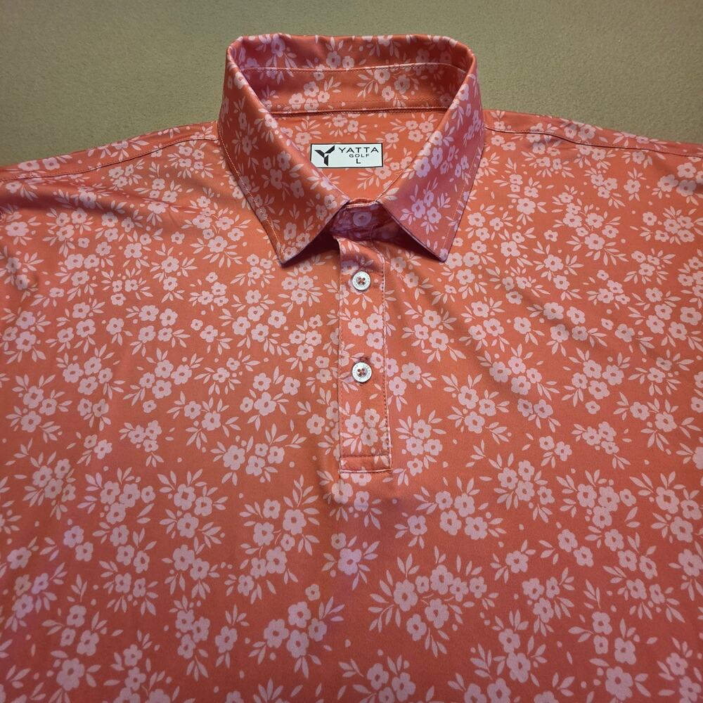 Yatta Golf Performance Polo Coral/Salmon Red Pink Floral Print Sz Large NWT
